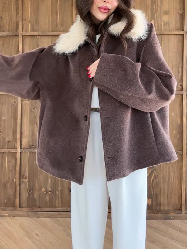 Brown Oversized Coat With White Faux Fur Collar