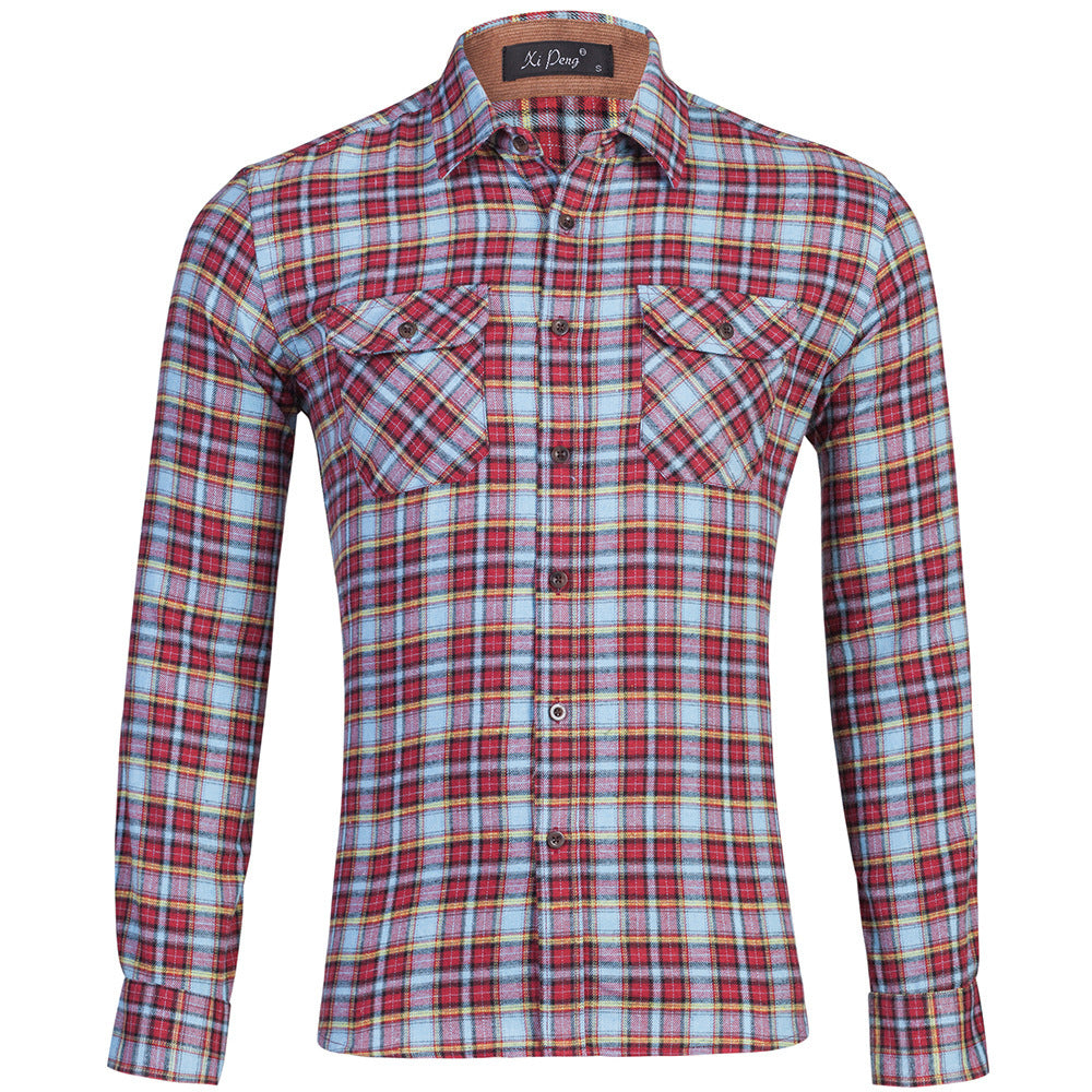 Cotton plaid double bag long sleeve shirt men