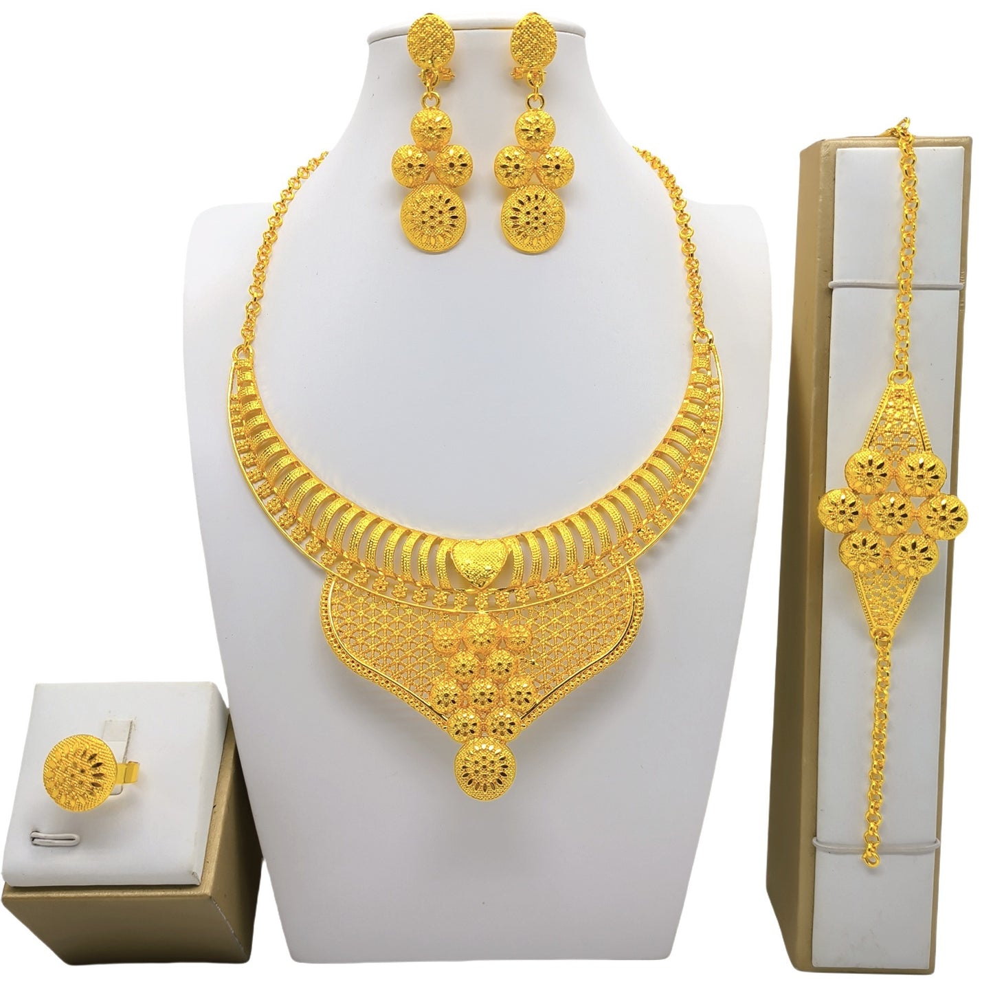 24K Gold Jewelry Suit Necklace Bracelet Earrings Four-piece Ring Set