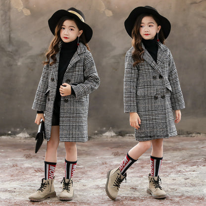 The Houndstooth Chic: Gray Plaid Houndstooth Girls’ Coat
