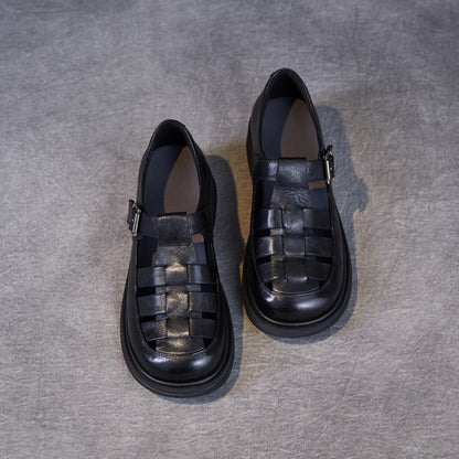 Genuine Leather Pitcher Plant Shoes Women's Round Head Hollow Flat