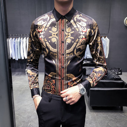 Deep Black Rose Pattern Digital Print Long Sleeve Shirt