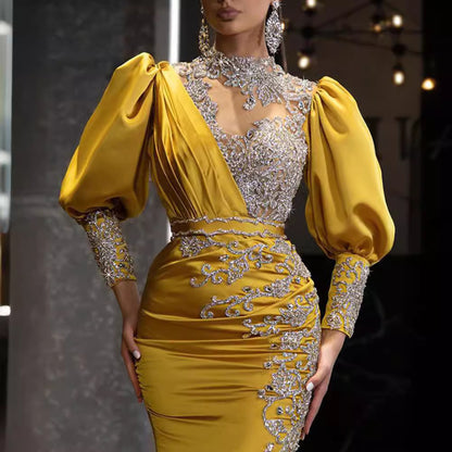 Gold Yarn Satin Sexy Trailing Dress For Women