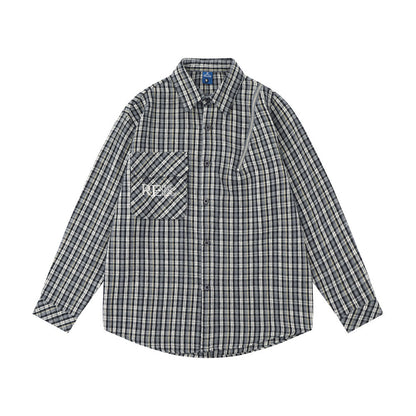 Embroidered Pocket Plaid Long Sleeve Shirt Men