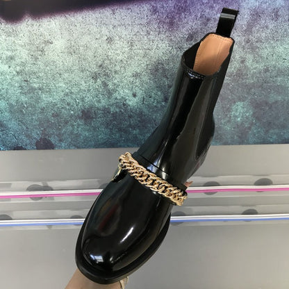 Round toe personality metal chain flat mid-heel women's boots