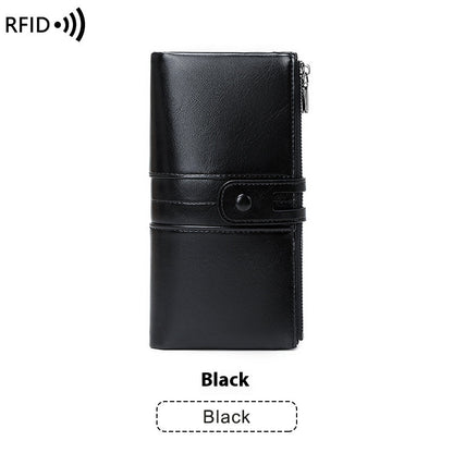 Oil Wax Leather Double Zipper Long European And American New Retro Anti-theft Swiping Women's Wallet