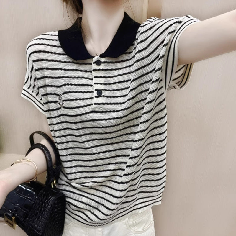 Ice Silk Short Sleeve Striped Embroidery Contrast Color Button Polo