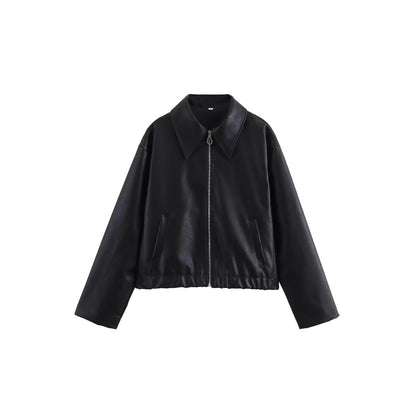 Women's Lapel Long Sleeve Leather Coat