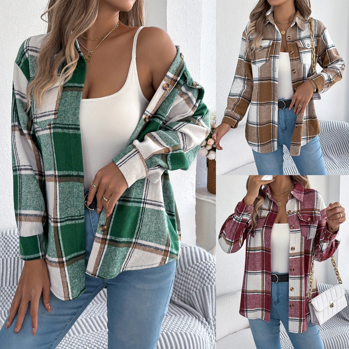 Women's Casual Plaid Woolen Mid-length Coat