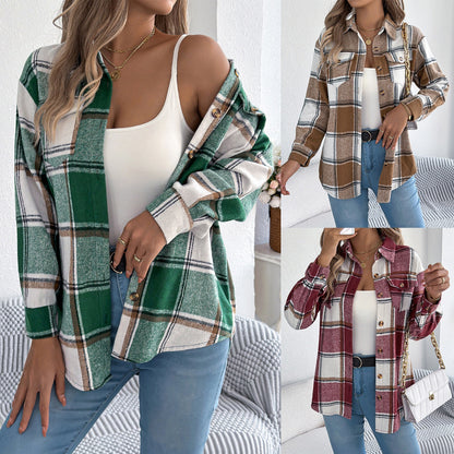 Women's Casual Plaid Woolen Mid-length Coat