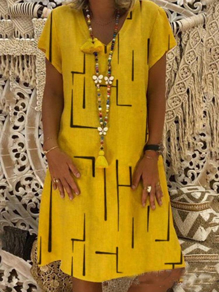 Ladies short sleeve dress loose leaf print