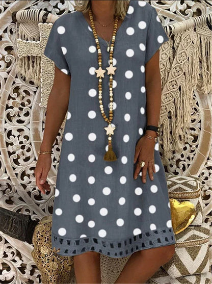 Ladies short sleeve dress loose leaf print
