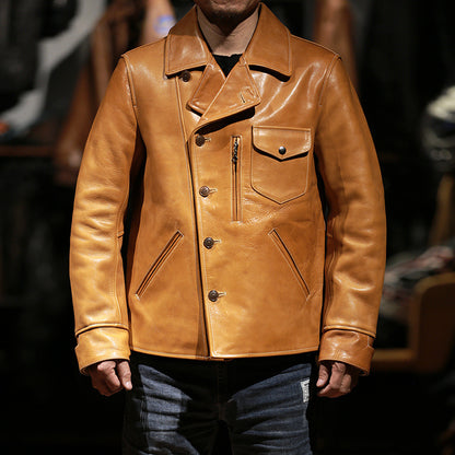 Bear Leather Jacket Mens Lapel Oil Wax Cowhide Coat Rugged Texture