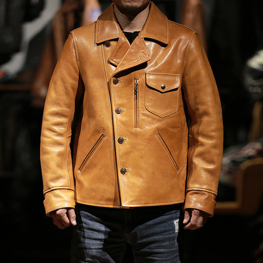 Bear Leather Jacket Mens Lapel Oil Wax Cowhide Coat Rugged Texture