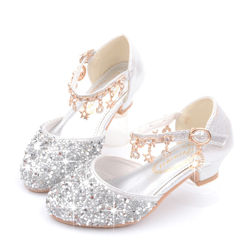 Girls High Heel Shoes Sequined Spring And Autumn Medium And Large Children Princess Sandals