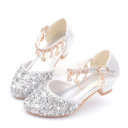 Girls High Heel Shoes Sequined Spring And Autumn Medium And Large Children Princess Sandals