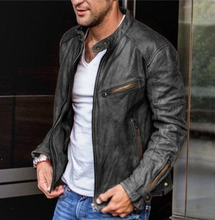 Fall Winter Men PU Leather Stand Collar Punk Rebellious Edge