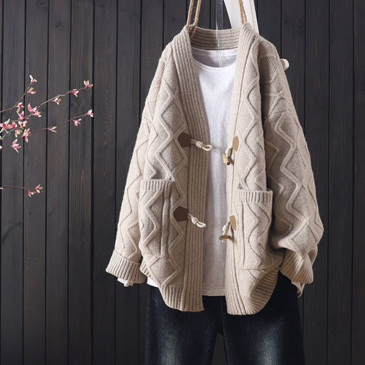 Loose Western Style All-match Horn Button Sweater For Women