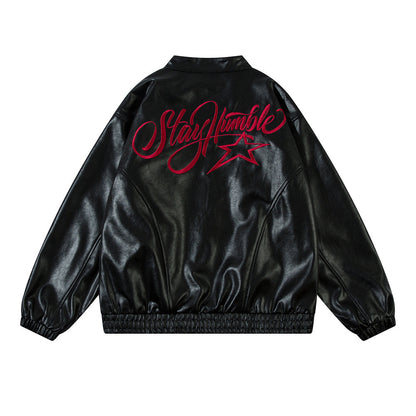 Mens Embroidered Letter Loose Leather Jacket Personalized Heritage