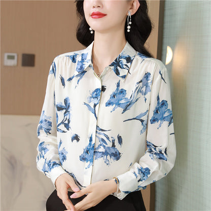Polyester Women's Long Sleeve Loose Printed Shirt