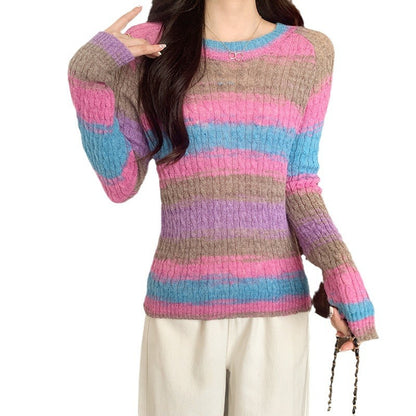 Striped Round Neck Pullover Sweater For Women