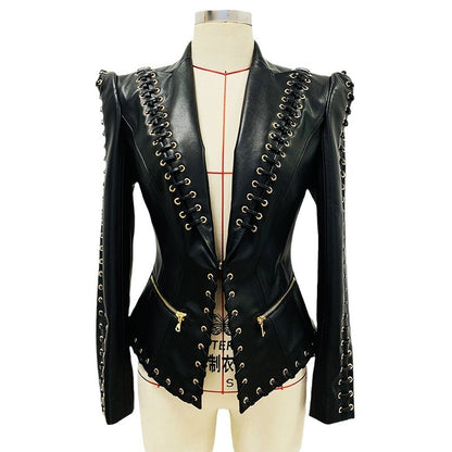 Fashion Heavy Industry Eyelet Rope Slim-fit Leather Coat Suit Jacket