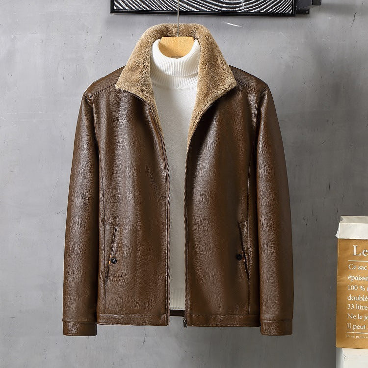 Mens Leather Lapel Fleece Padded Coat Luxe Winter Insulation