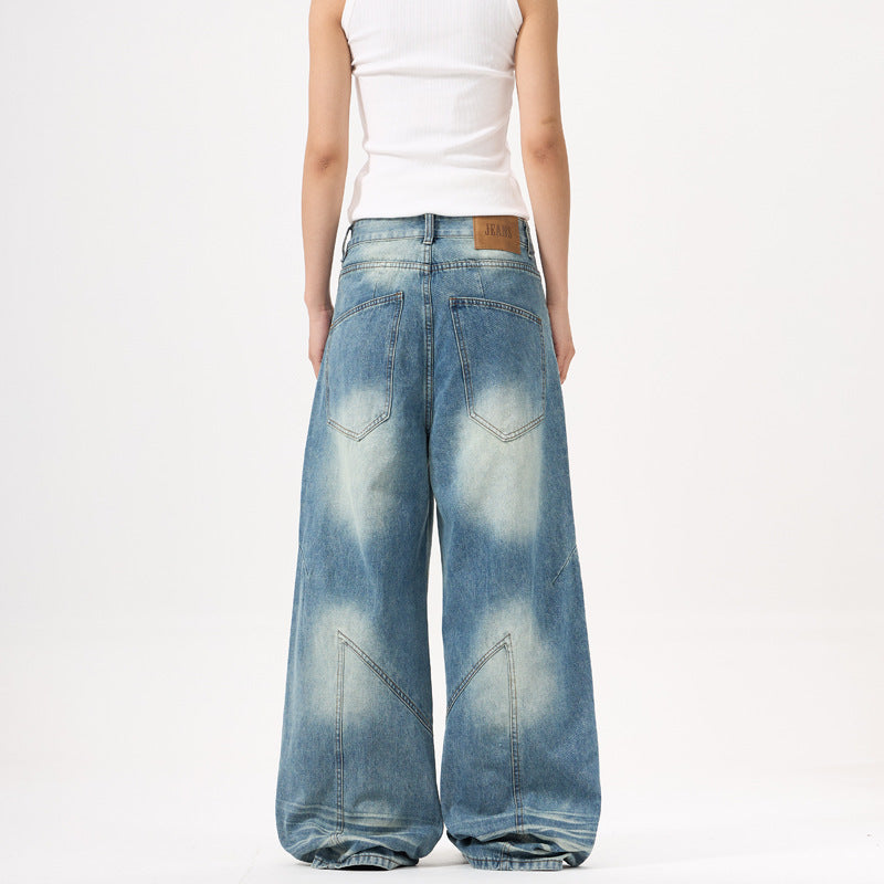 Wide-leg Blue Jeans Deconstruct Stitching Men And Women