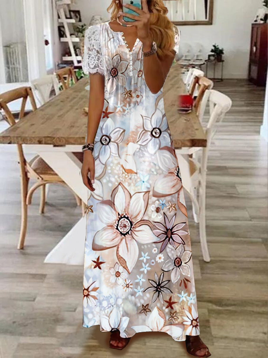 Printed Lace Sleeve Short Sleeve Dress