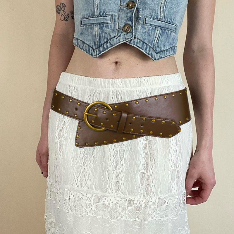 Retro Brown Base Rivet Metal Ring Buckle Personality Belt Punk