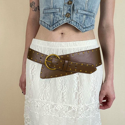 Retro Brown Base Rivet Metal Ring Buckle Personality Belt Punk