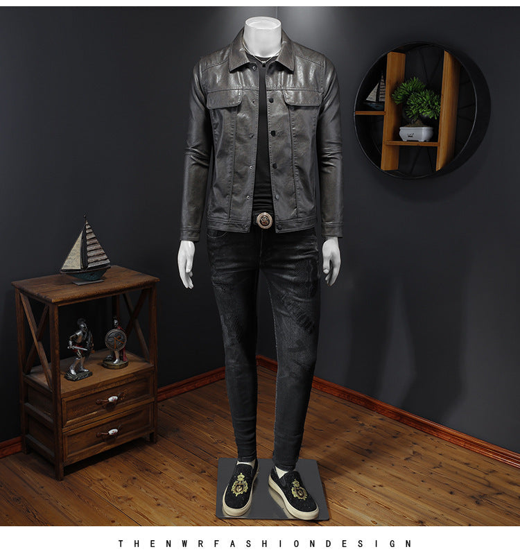 Mens Long-Sleeved Lapel Motorcycle PU Handsome Leather Coat Refined Rider