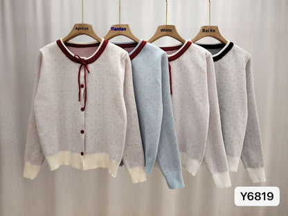 Women's Polka Dot Jacquard Lace-up Single-breasted Knitted Sweater