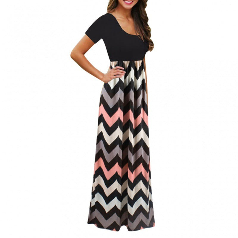 Ladies Short Sleeve Printed Dress Long Skirt