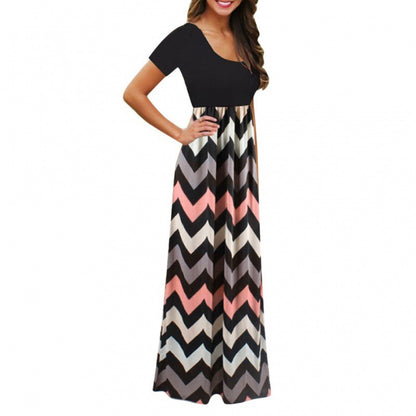 Ladies Short Sleeve Printed Dress Long Skirt