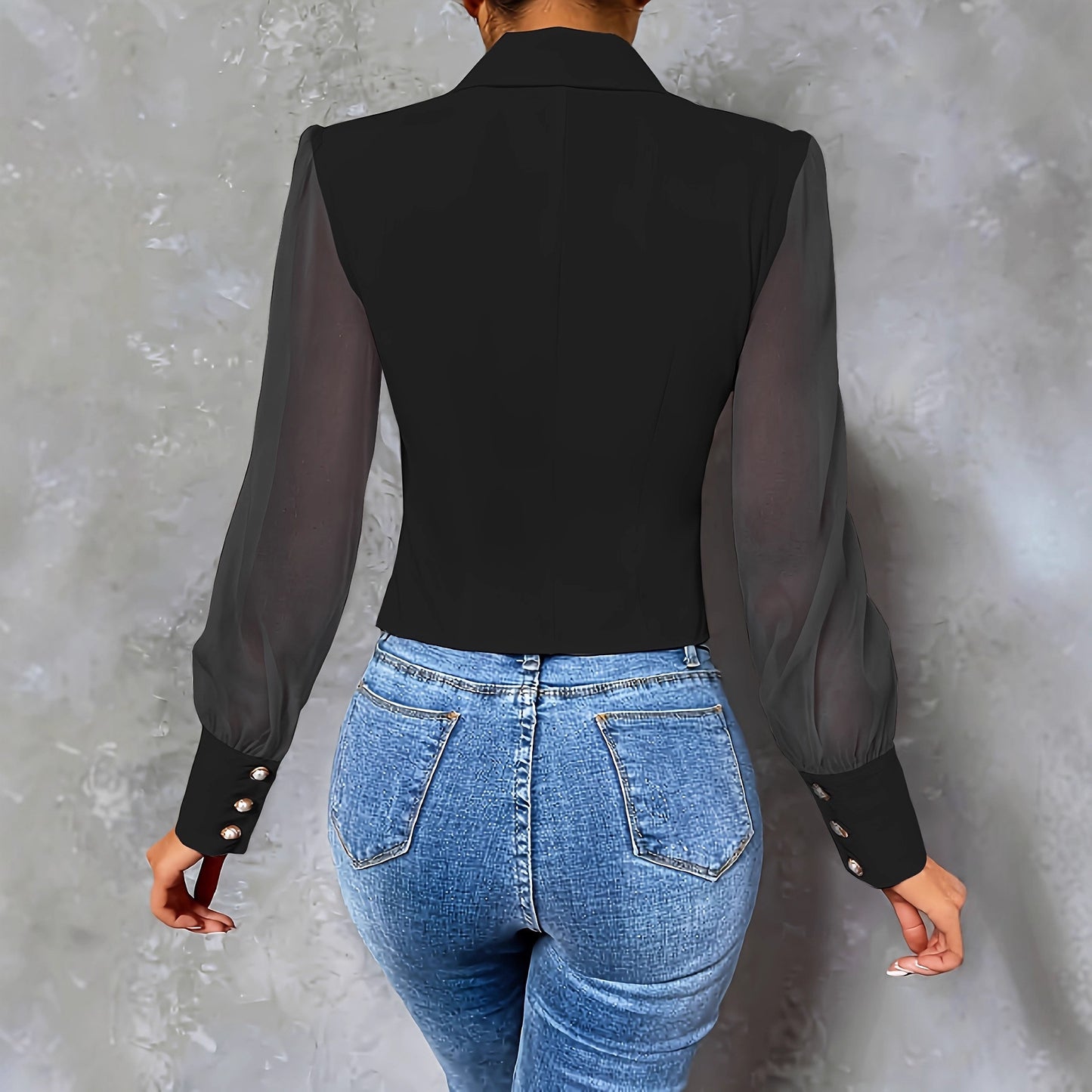 Single-breasted Mesh Sleeves Slim Top Sexy Lining