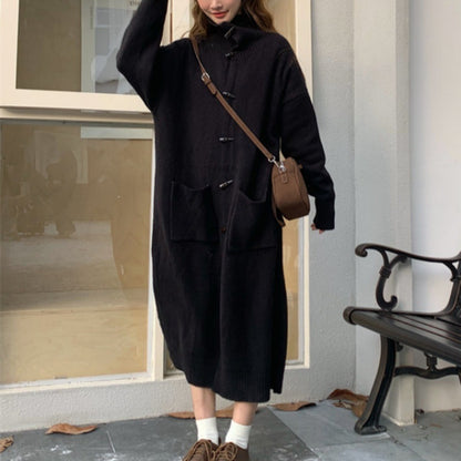 Horn Button Sweater Cardigan Women's Mid-length Turn-down Collar Coat