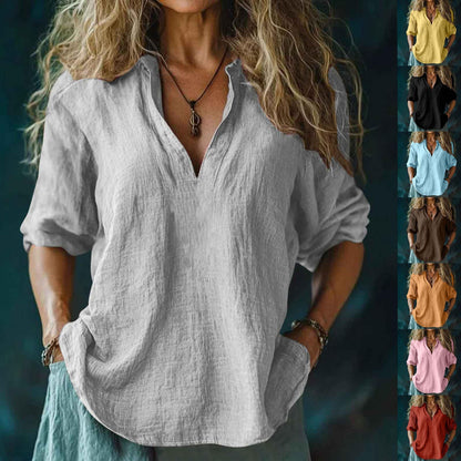 Women's Cotton And Linen V-neck Shirt