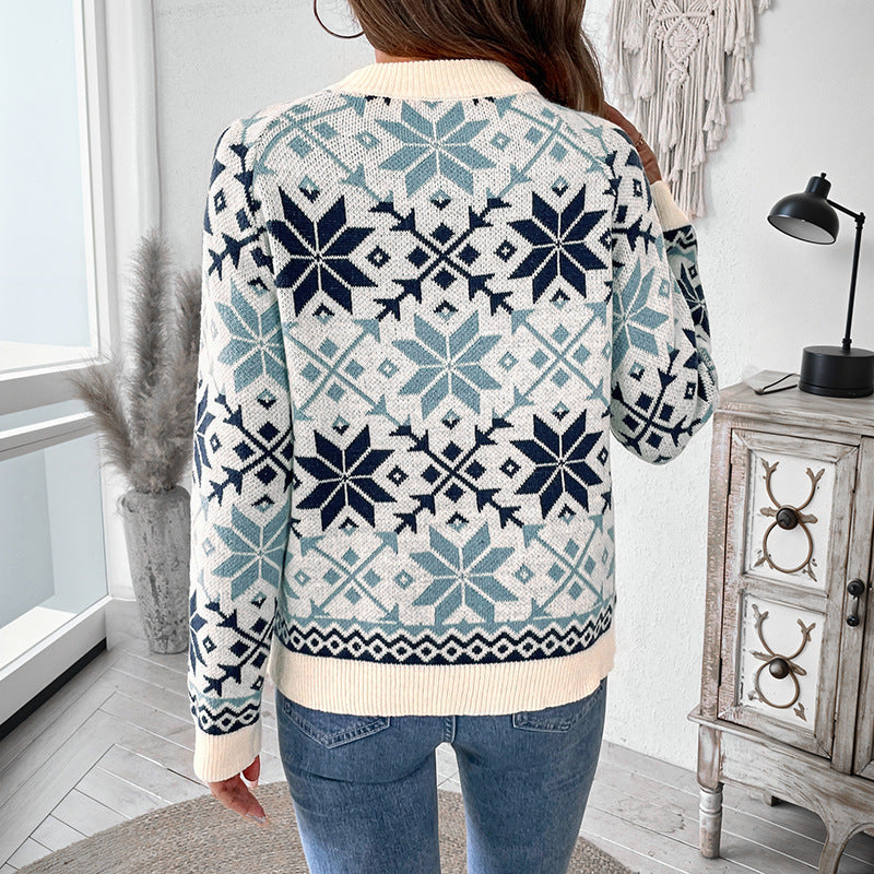 Retro Nordic Style Long Sleeve Round Neck Snowflake Geometric Pattern Sweater