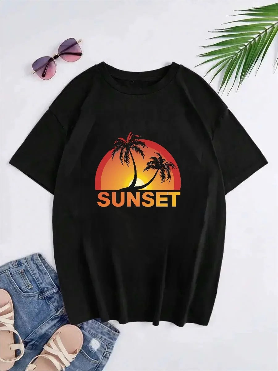 Hong Kong Style Sunset Pattern Printed Short-sleeved T-shirt