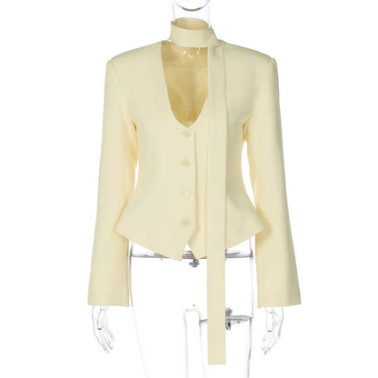 Elegant Cardigan Button Small Suit Slim Solid Color Coat