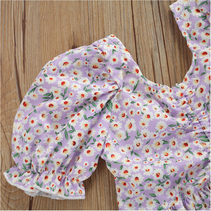 Girls' Fashionable Simple Short-sleeved Floral Denim Shorts Suit