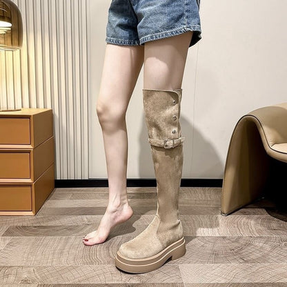 Over-the-knee Folding Long Tube Two-way Wear Boots With Chunky Heels Women's Thick Bottom