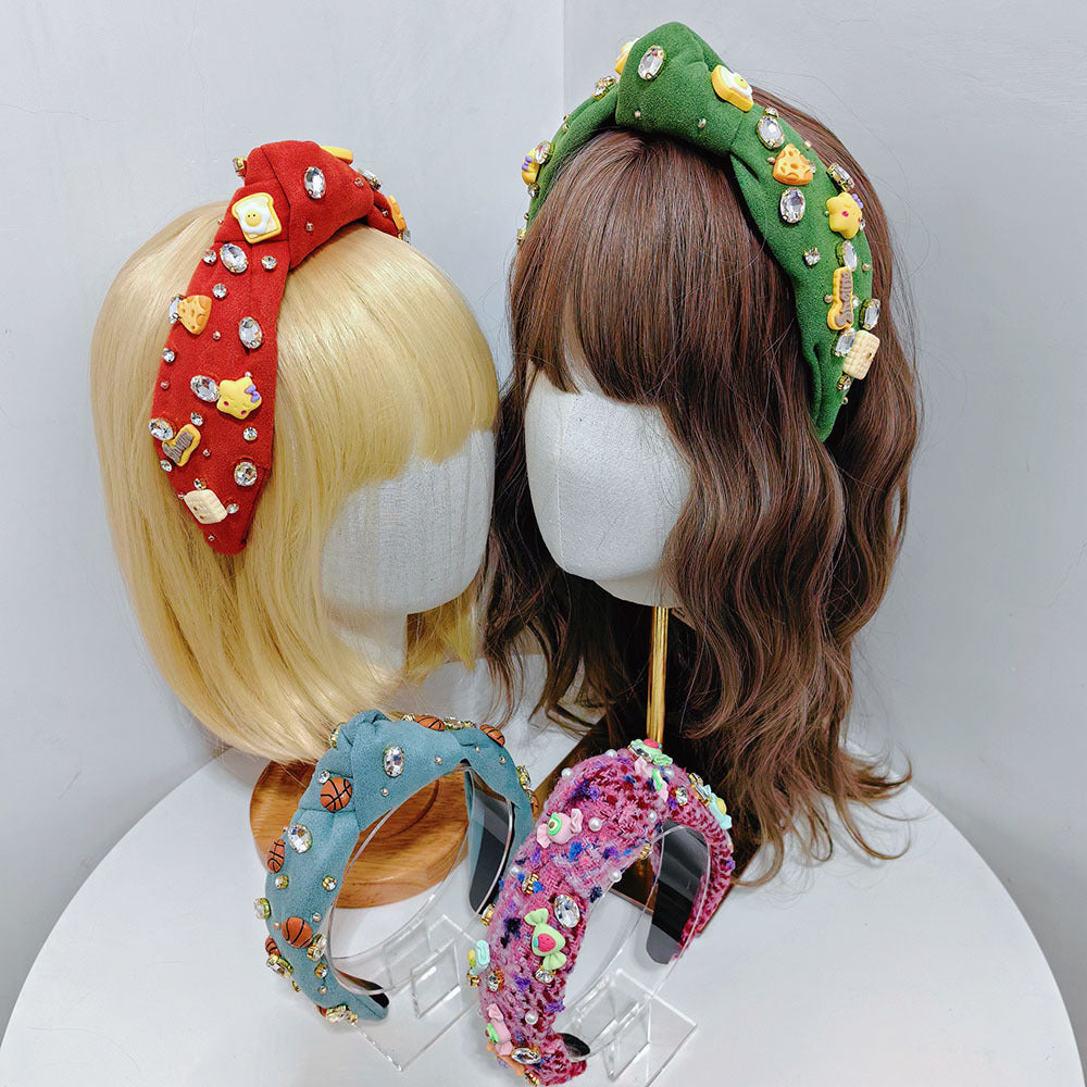 New Fashion European And American Style Green Fabric Knotted Diamond-laid Headband