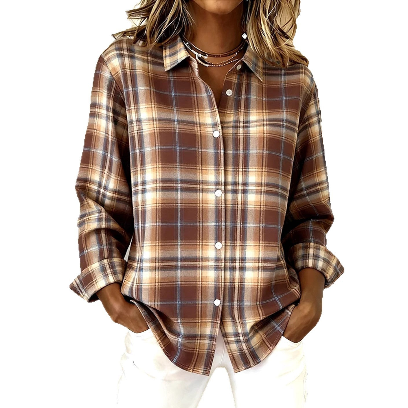 Women's Long-sleeved Lapel Plaid Button Shirt Top