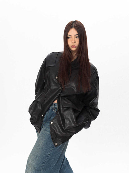 Three-dimensional Pocket Irregular Placket Leather Coat Loose Top