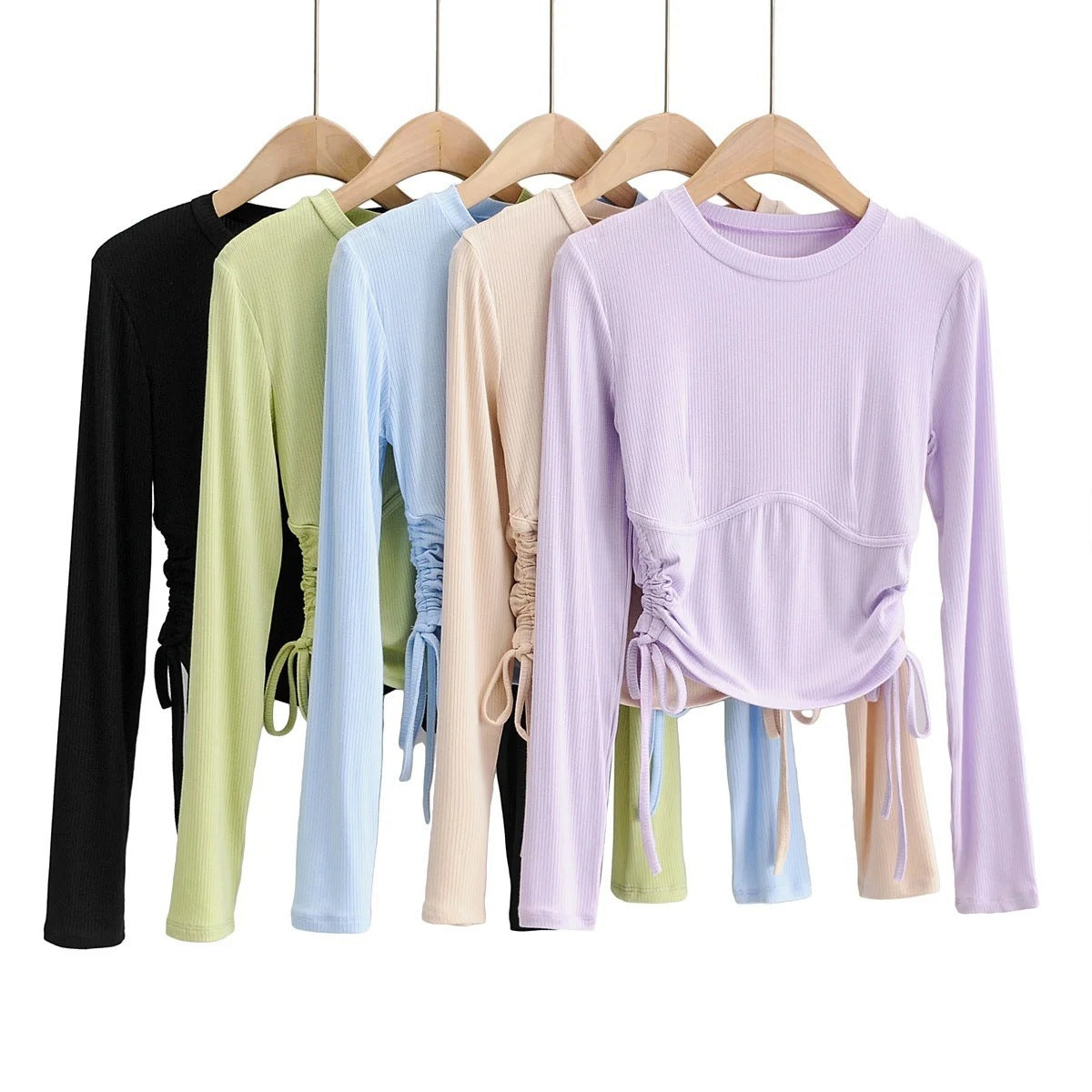 Side drawstring long sleeve T-shirt