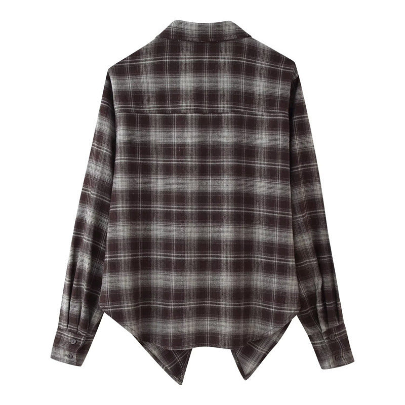Women's Loose Lapels Waist-controlled Long Sleeves Plaid Shirt