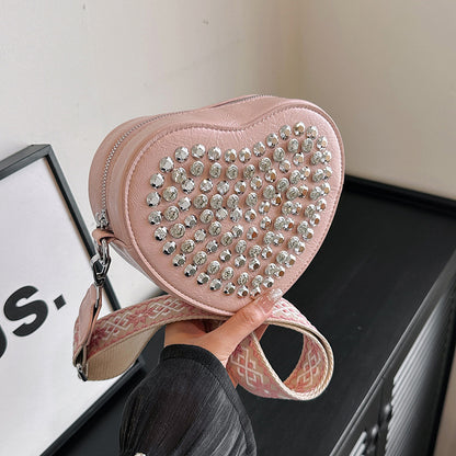 Heart Bag Wide Shoulder Strap Western Style All-matching Rivet Crossbody Phone Bag