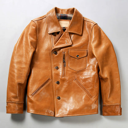 Bear Leather Jacket Mens Lapel Oil Wax Cowhide Coat Rugged Texture